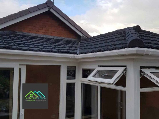 12 p shaped conservatory with grey recycled roof tiles