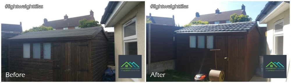 Before and After images of Shed roof Replacement tiles by Lightweight tiles