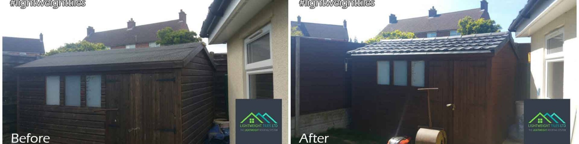 Before and After images of Shed roof Replacement tiles by Lightweight tiles
