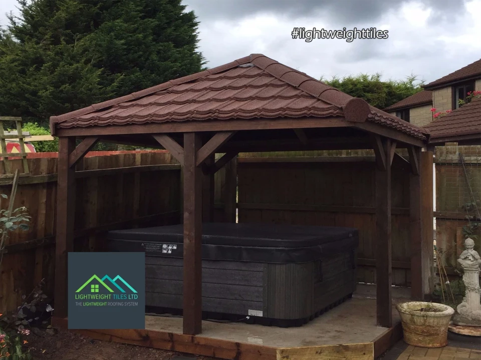 Brown Gazebo with new fitted lightweight roof tiles WEB 2