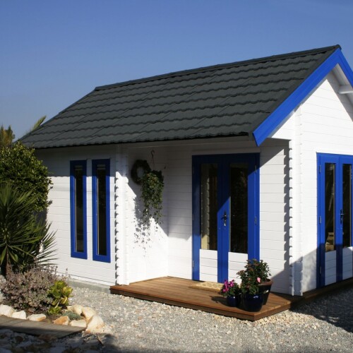 beach hut with grey lightweight roof tiles